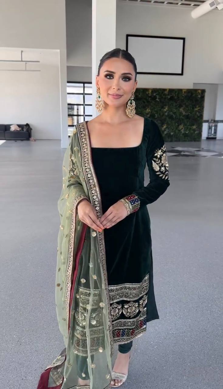 Party Wear Viscose Velvet Designer  Look Top-Dupatta and Fully Stiched Bottom With Heavy Embroidery Siquance Work