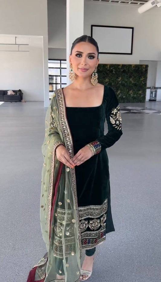 Party Wear Viscose Velvet Designer  Look Top-Dupatta and Fully Stiched Bottom With Heavy Embroidery Siquance Work