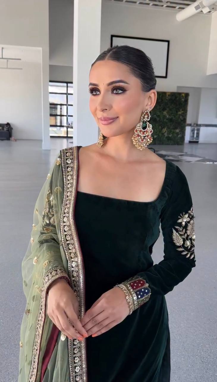 Party Wear Viscose Velvet Designer  Look Top-Dupatta and Fully Stiched Bottom With Heavy Embroidery Siquance Work