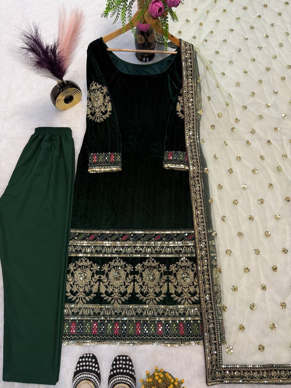 Party Wear Viscose Velvet Designer  Look Top-Dupatta and Fully Stiched Bottom With Heavy Embroidery Siquance Work