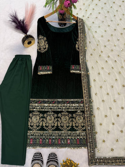 Party Wear Viscose Velvet Designer  Look Top-Dupatta and Fully Stiched Bottom With Heavy Embroidery Siquance Work