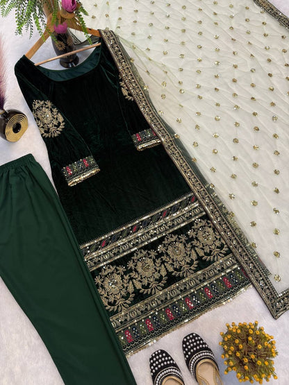 Party Wear Viscose Velvet Designer  Look Top-Dupatta and Fully Stiched Bottom With Heavy Embroidery Siquance Work