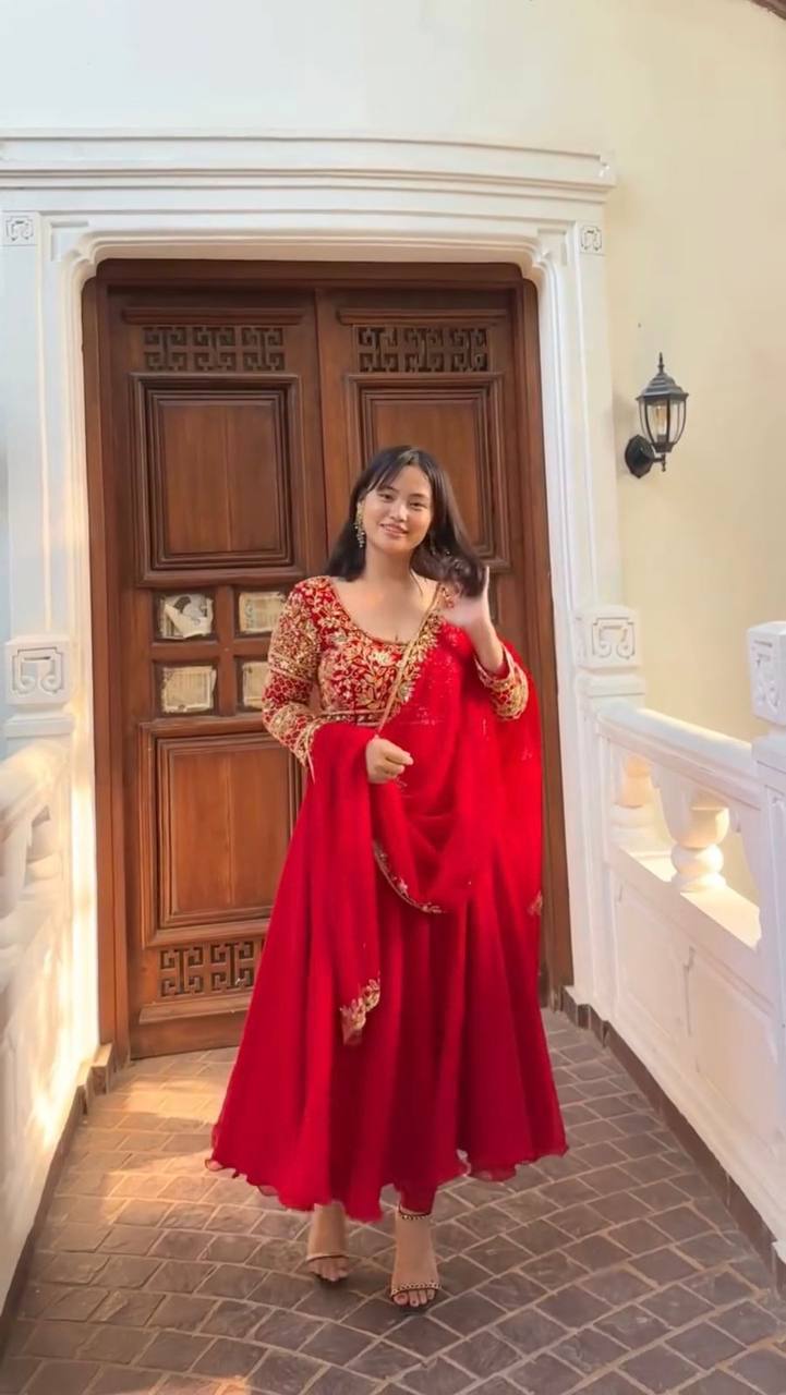 DESIGNER WEAR EXCLUSIVE AND EMBROIDERED GOWN AND PANT PAIR  WITH DUPATTA IN GEORGETTE single available wholesale
