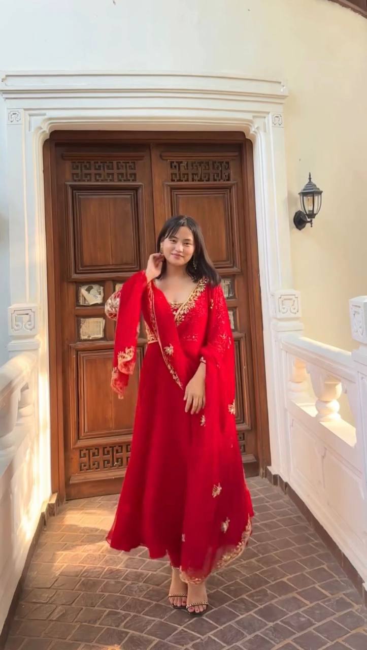 DESIGNER WEAR EXCLUSIVE AND EMBROIDERED GOWN AND PANT PAIR  WITH DUPATTA IN GEORGETTE single available wholesale