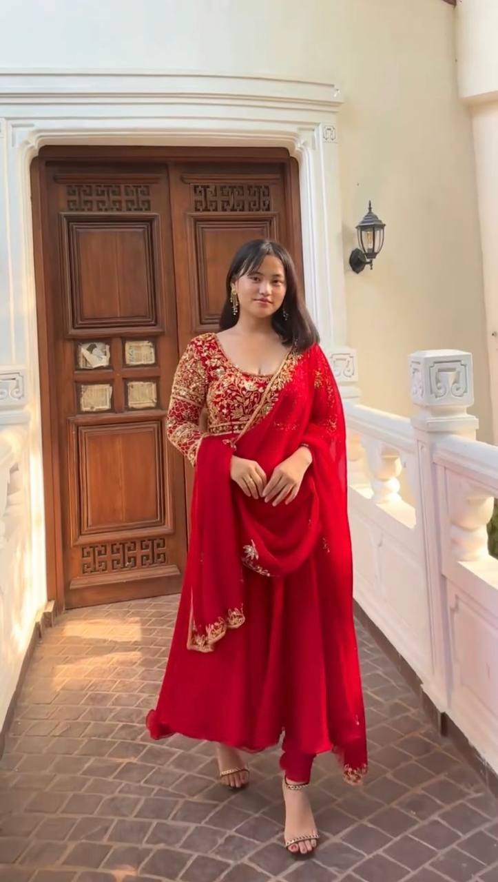 DESIGNER WEAR EXCLUSIVE AND EMBROIDERED GOWN AND PANT PAIR  WITH DUPATTA IN GEORGETTE single available wholesale