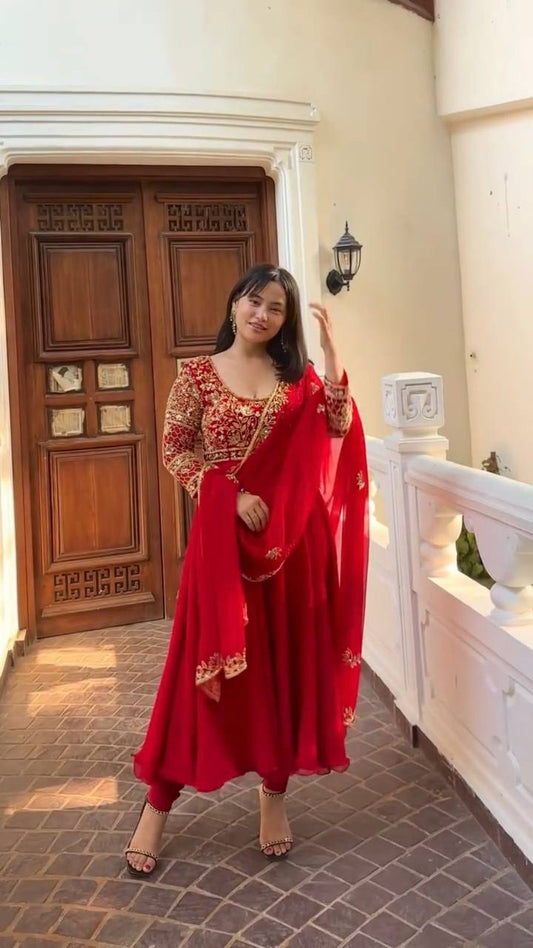 DESIGNER WEAR EXCLUSIVE AND EMBROIDERED GOWN AND PANT PAIR  WITH DUPATTA IN GEORGETTE single available wholesale