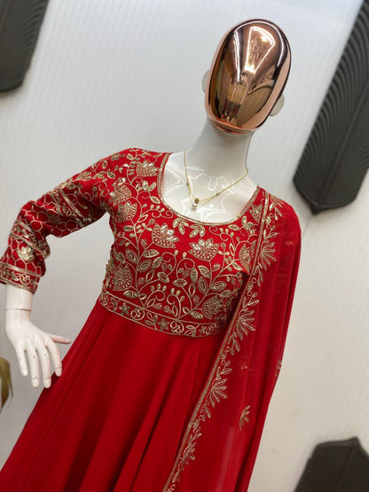 DESIGNER WEAR EXCLUSIVE AND EMBROIDERED GOWN AND PANT PAIR  WITH DUPATTA IN GEORGETTE single available wholesale