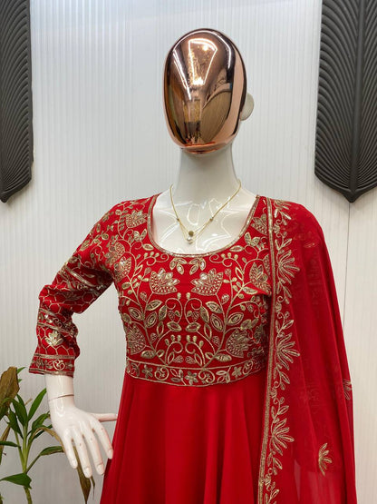DESIGNER WEAR EXCLUSIVE AND EMBROIDERED GOWN AND PANT PAIR  WITH DUPATTA IN GEORGETTE single available wholesale
