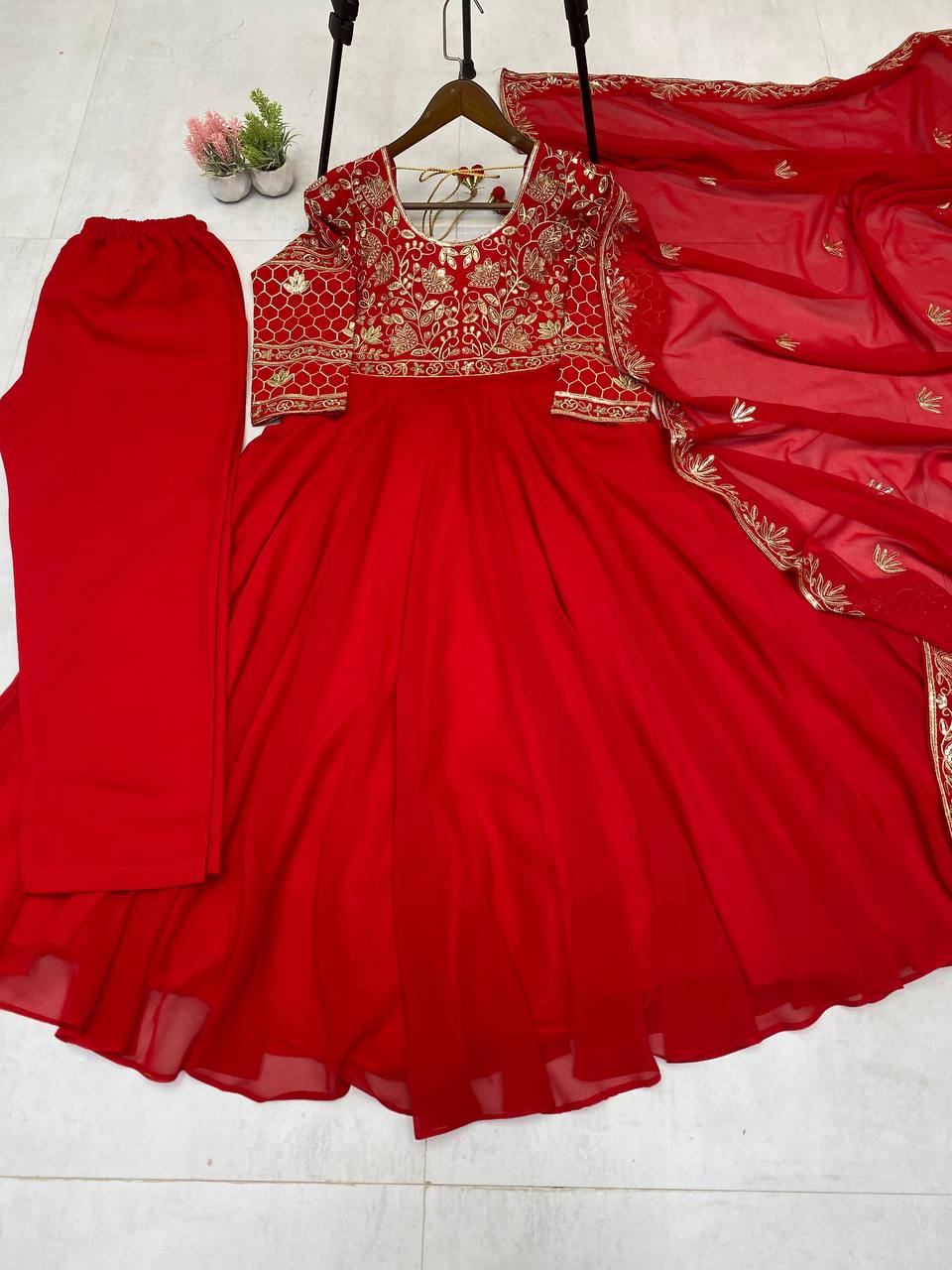 DESIGNER WEAR EXCLUSIVE AND EMBROIDERED GOWN AND PANT PAIR  WITH DUPATTA IN GEORGETTE single available wholesale