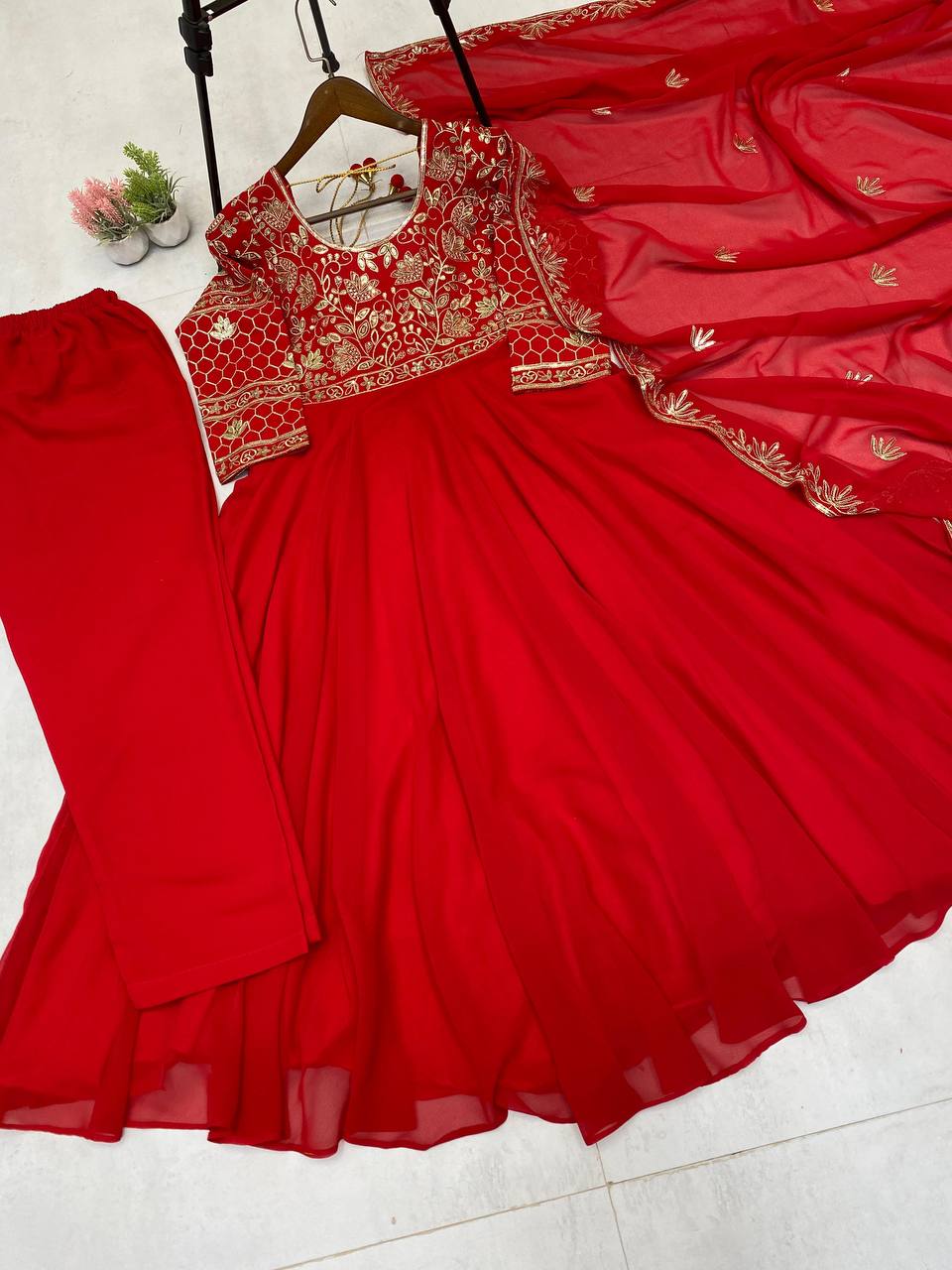 DESIGNER WEAR EXCLUSIVE AND EMBROIDERED GOWN AND PANT PAIR  WITH DUPATTA IN GEORGETTE single available wholesale