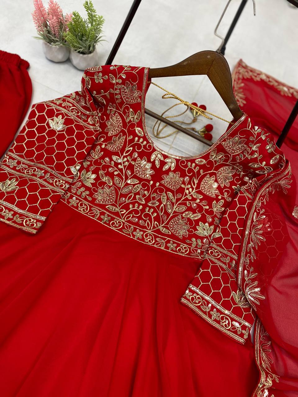 DESIGNER WEAR EXCLUSIVE AND EMBROIDERED GOWN AND PANT PAIR  WITH DUPATTA IN GEORGETTE single available wholesale