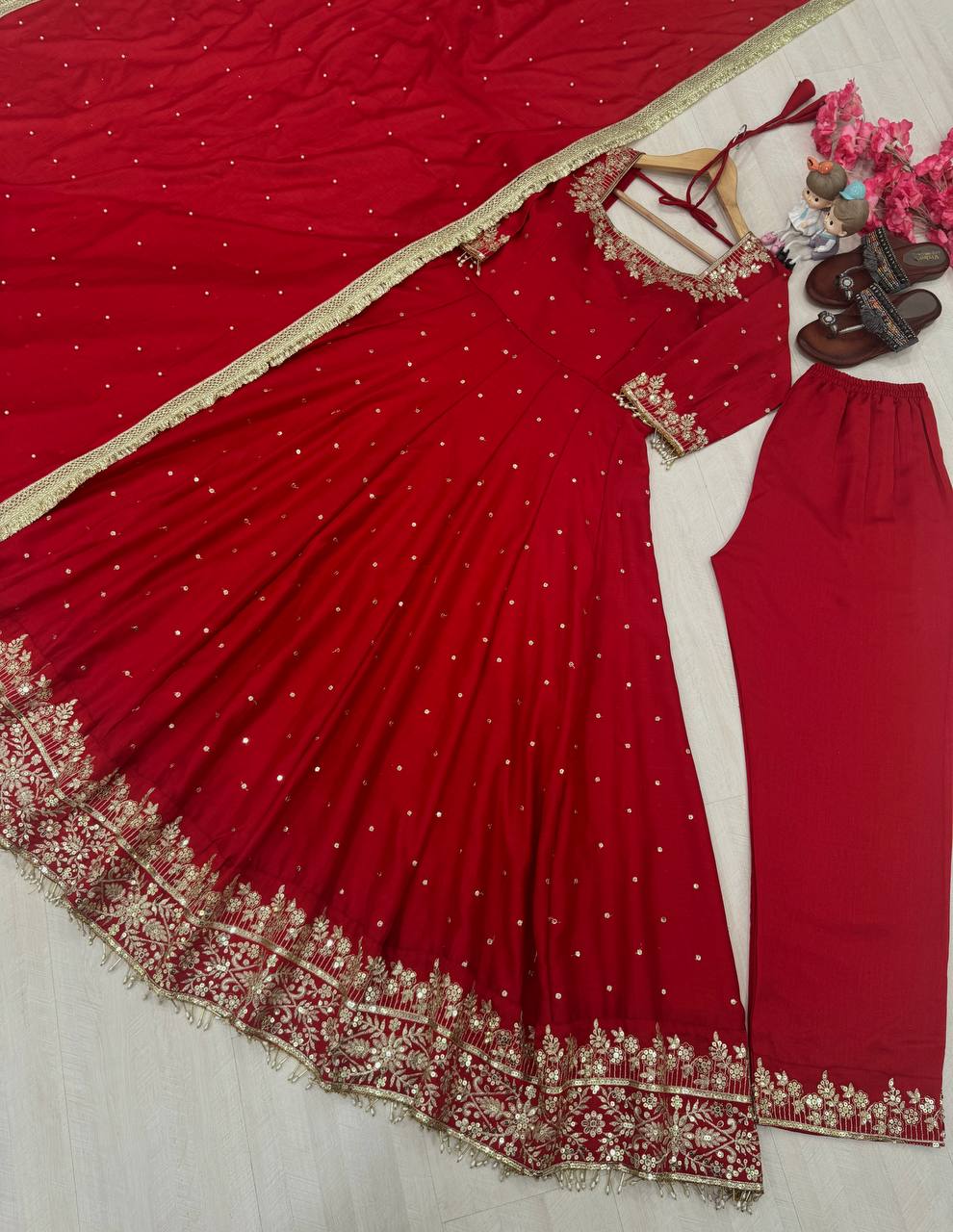 gown Pure Vichitra Silk Anarkali Gown,Dupatta & Pent Plazzo Set