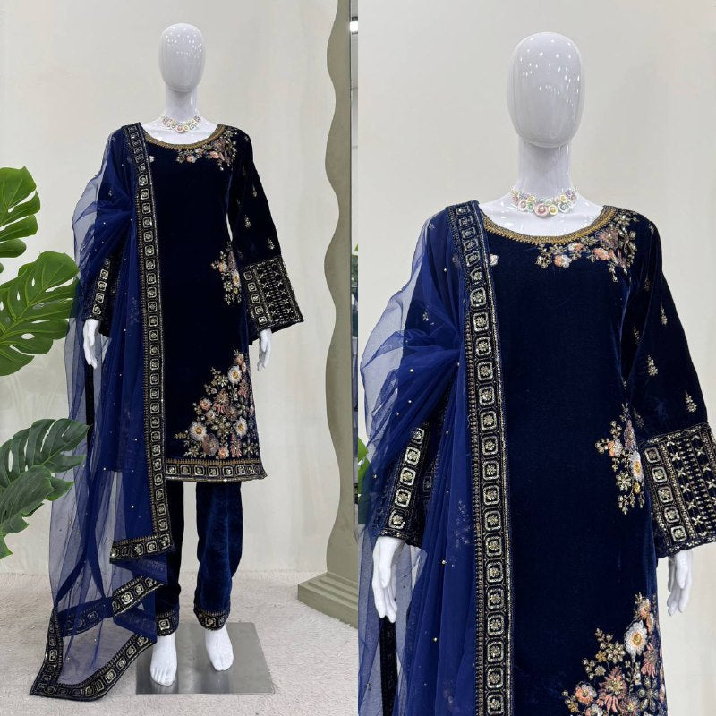 Designer Suit on Havy Viscose Velvet febric with Inner and Thred with Sequnce work and pent on also Havy Viscose Velvet febric and Thred with Sequnce work and Dupatta on soft Net with Thred & Sequnce work with pearl work.