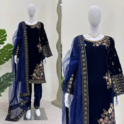 Designer Suit on Havy Viscose Velvet febric with Inner and Thred with Sequnce work and pent on also Havy Viscose Velvet febric and Thred with Sequnce work and Dupatta on soft Net with Thred & Sequnce work with pearl work.