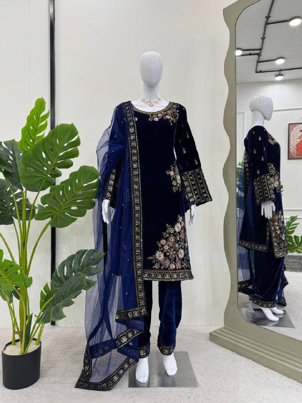 Designer Suit on Havy Viscose Velvet febric with Inner and Thred with Sequnce work and pent on also Havy Viscose Velvet febric and Thred with Sequnce work and Dupatta on soft Net with Thred & Sequnce work with pearl work.