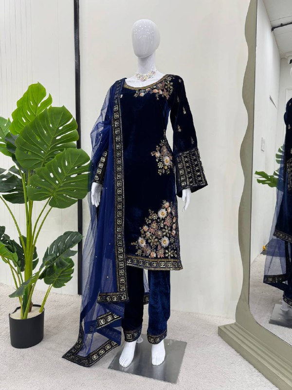 Designer Suit on Havy Viscose Velvet febric with Inner and Thred with Sequnce work and pent on also Havy Viscose Velvet febric and Thred with Sequnce work and Dupatta on soft Net with Thred & Sequnce work with pearl work.