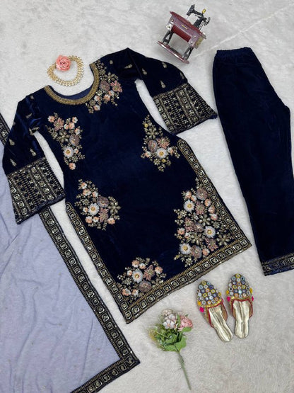 Designer Suit on Havy Viscose Velvet febric with Inner and Thred with Sequnce work and pent on also Havy Viscose Velvet febric and Thred with Sequnce work and Dupatta on soft Net with Thred & Sequnce work with pearl work.