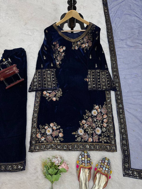 Designer Suit on Havy Viscose Velvet febric with Inner and Thred with Sequnce work and pent on also Havy Viscose Velvet febric and Thred with Sequnce work and Dupatta on soft Net with Thred & Sequnce work with pearl work.