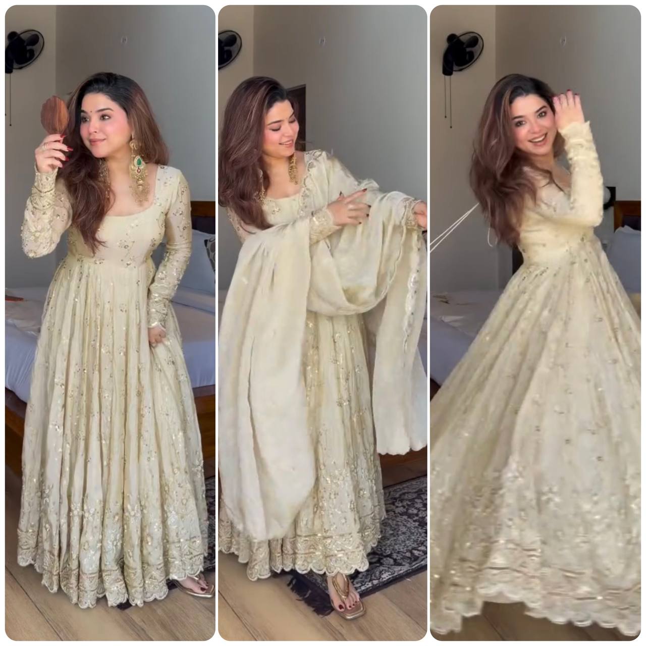 New Designer Collection In Crunchy Silk With Embroidery Work Gown And Dupatta Set Fully Stitched Ready To Wear