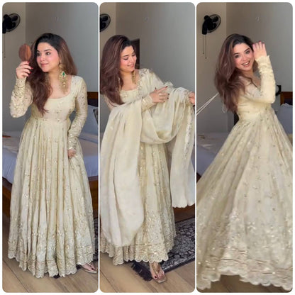 New Designer Collection In Crunchy Silk With Embroidery Work Gown And Dupatta Set Fully Stitched Ready To Wear