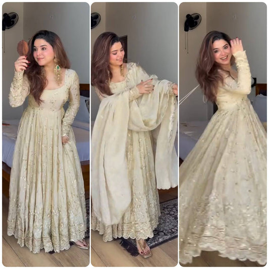New Designer Collection In Crunchy Silk With Embroidery Work Gown And Dupatta Set Fully Stitched Ready To Wear