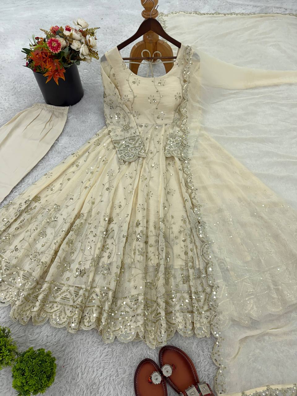 New Designer Collection In Crunchy Silk With Embroidery Work Gown And Dupatta Set Fully Stitched Ready To Wear
