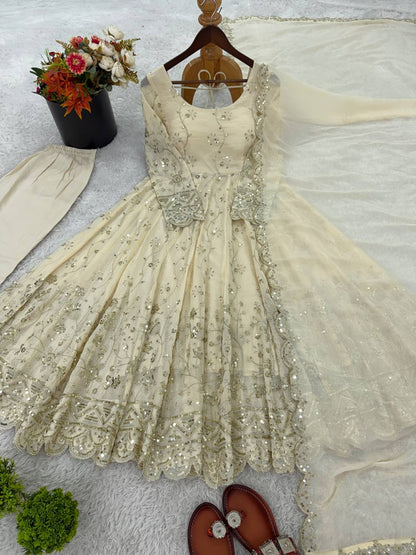 New Designer Collection In Crunchy Silk With Embroidery Work Gown And Dupatta Set Fully Stitched Ready To Wear