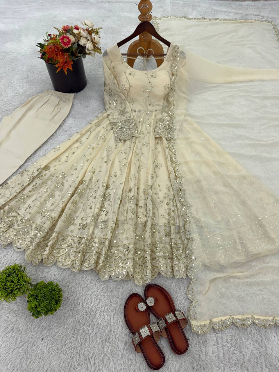 New Designer Collection In Crunchy Silk With Embroidery Work Gown And Dupatta Set Fully Stitched Ready To Wear