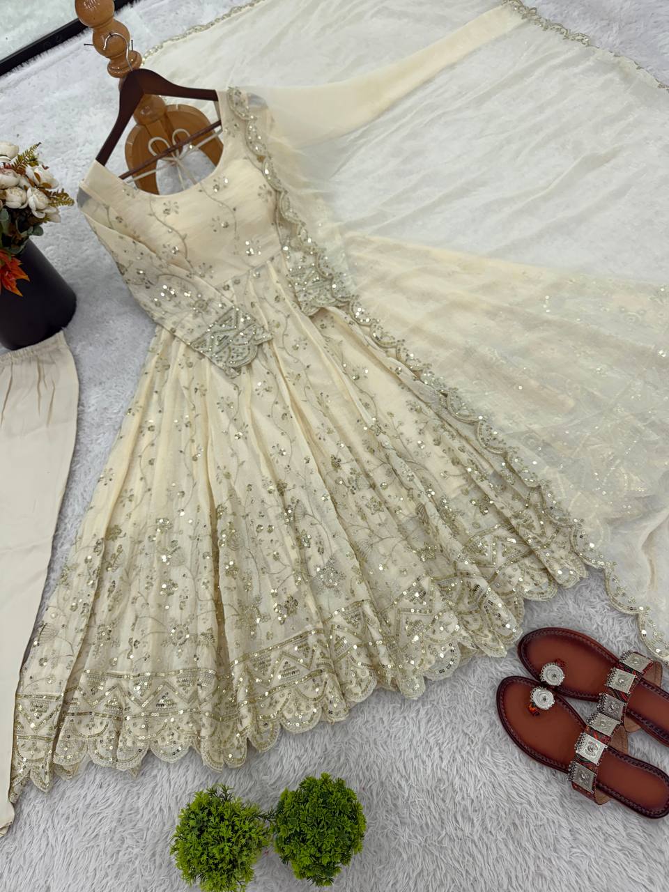 New Designer Collection In Crunchy Silk With Embroidery Work Gown And Dupatta Set Fully Stitched Ready To Wear