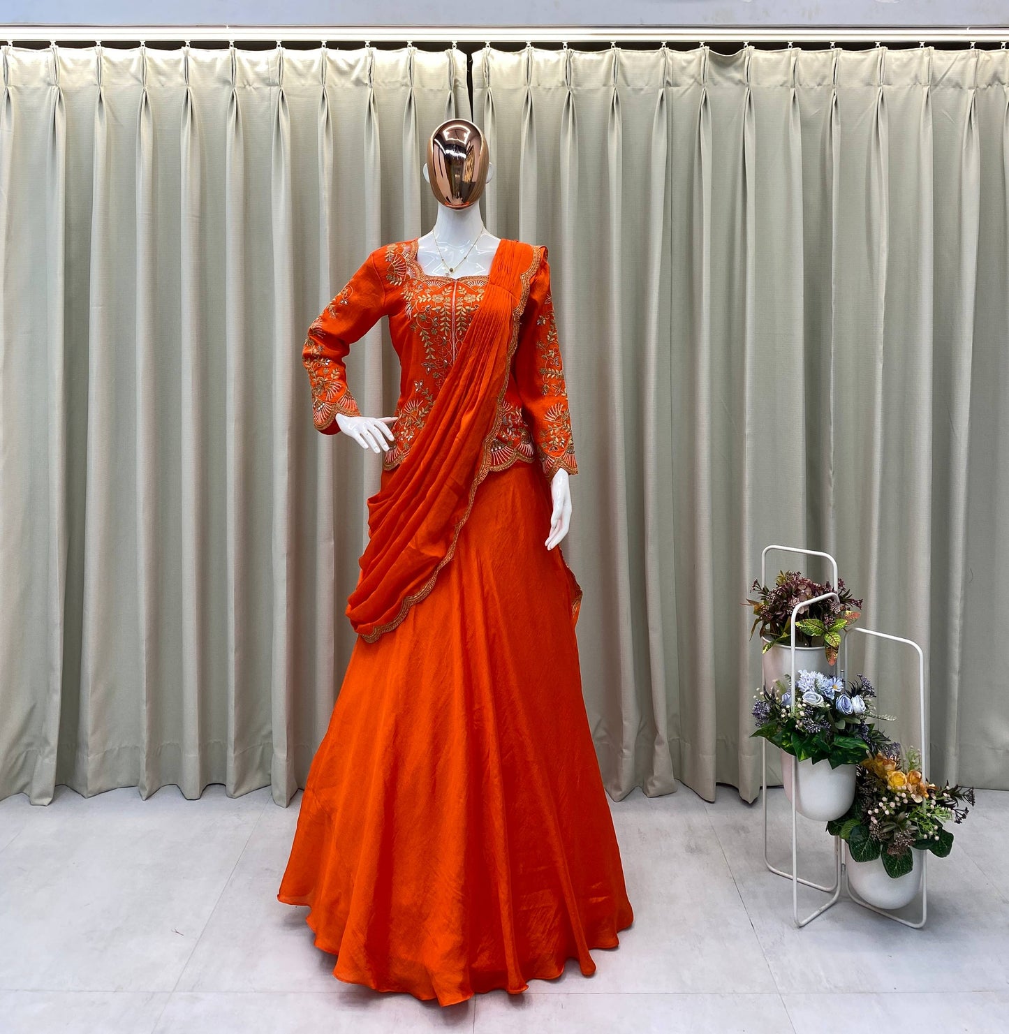 DESIGNER WEAR LAHENGA SAREE WITH LONG BLOUSE IN REAL MIRROR AND EMBROIDERY WORK