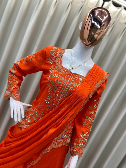 DESIGNER WEAR LAHENGA SAREE WITH LONG BLOUSE IN REAL MIRROR AND EMBROIDERY WORK