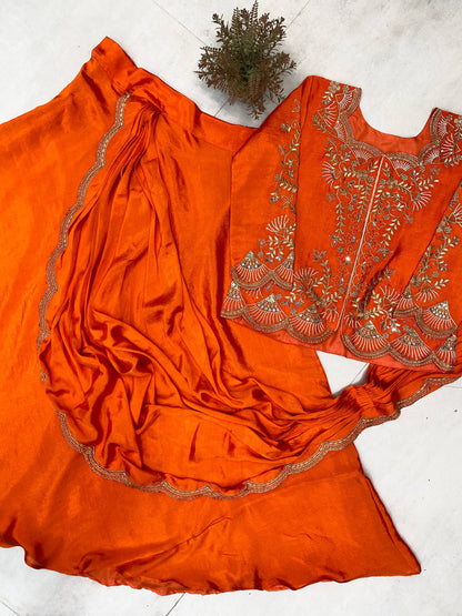 DESIGNER WEAR LAHENGA SAREE WITH LONG BLOUSE IN REAL MIRROR AND EMBROIDERY WORK