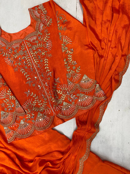 DESIGNER WEAR LAHENGA SAREE WITH LONG BLOUSE IN REAL MIRROR AND EMBROIDERY WORK