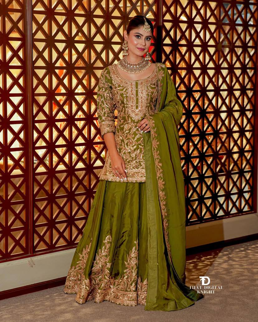 mehndi PARTY WEAR TOP AND PLAZZO. WITH FANCY DUPPATA AND EMBROIDERY WORK