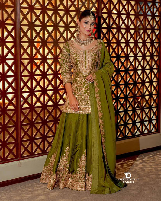mehndi PARTY WEAR TOP AND PLAZZO. WITH FANCY DUPPATA AND EMBROIDERY WORK