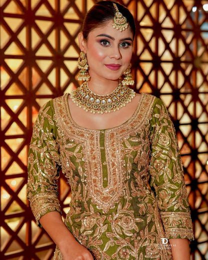 mehndi PARTY WEAR TOP AND PLAZZO. WITH FANCY DUPPATA AND EMBROIDERY WORK