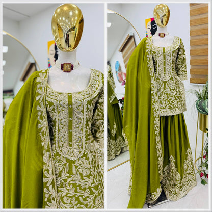 mehndi PARTY WEAR TOP AND PLAZZO. WITH FANCY DUPPATA AND EMBROIDERY WORK