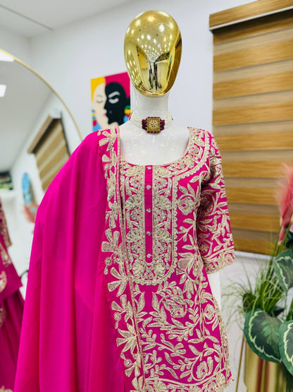 mehndi PARTY WEAR TOP AND PLAZZO. WITH FANCY DUPPATA AND EMBROIDERY WORK