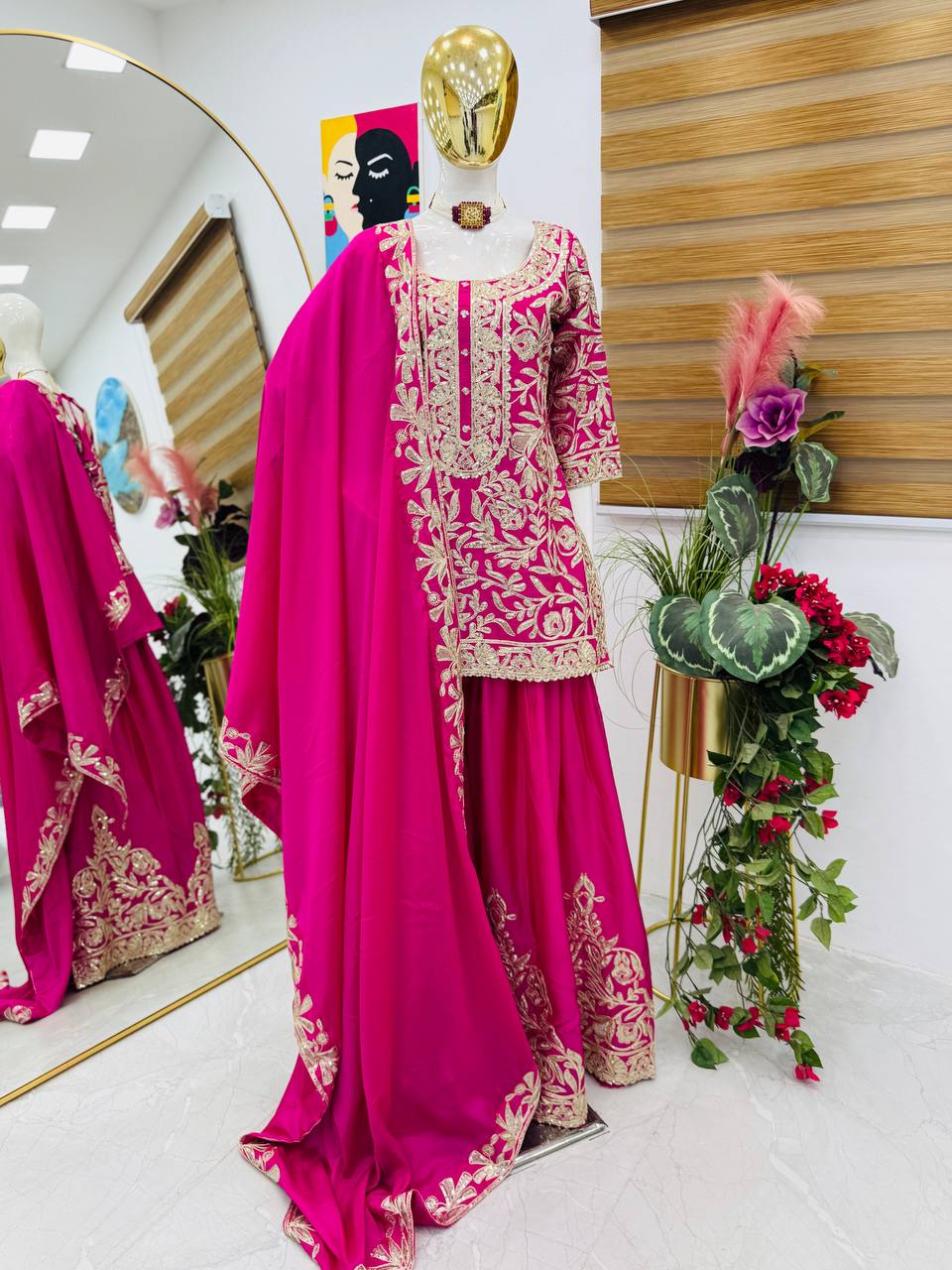 mehndi PARTY WEAR TOP AND PLAZZO. WITH FANCY DUPPATA AND EMBROIDERY WORK