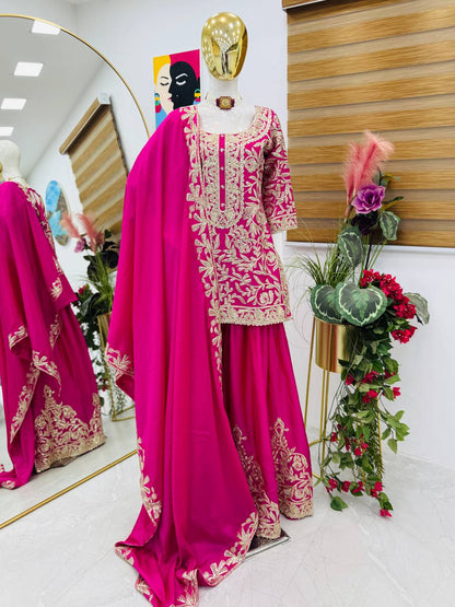 mehndi PARTY WEAR TOP AND PLAZZO. WITH FANCY DUPPATA AND EMBROIDERY WORK