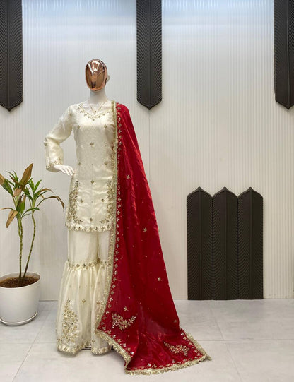 DESIGNER AND ELEGANCE SARARA SUIT IN THREE PIECE WITH REAL MIRROR AND SEQUENCE EMBROIDERY WORK single available wholesale