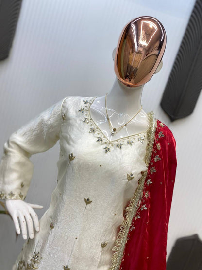 DESIGNER AND ELEGANCE SARARA SUIT IN THREE PIECE WITH REAL MIRROR AND SEQUENCE EMBROIDERY WORK single available wholesale