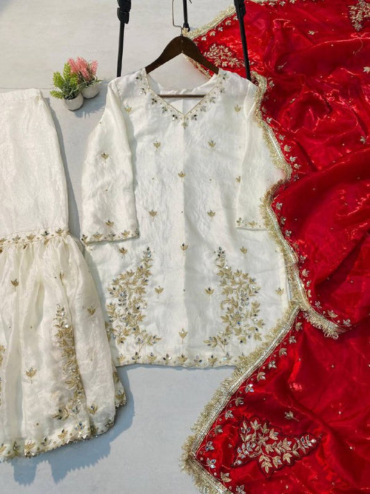 DESIGNER AND ELEGANCE SARARA SUIT IN THREE PIECE WITH REAL MIRROR AND SEQUENCE EMBROIDERY WORK single available wholesale