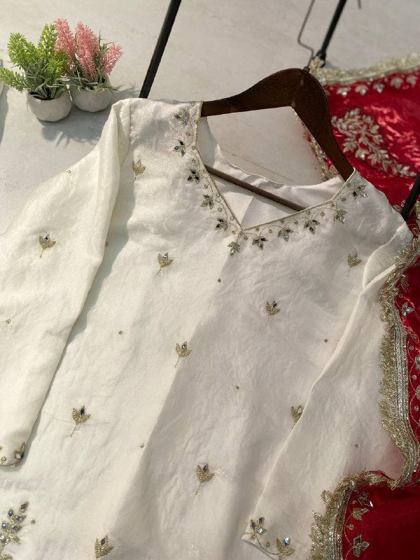 DESIGNER AND ELEGANCE SARARA SUIT IN THREE PIECE WITH REAL MIRROR AND SEQUENCE EMBROIDERY WORK single available wholesale