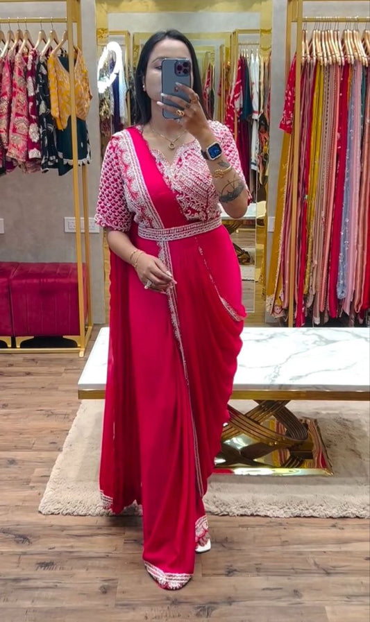 Trending Embroidery cording work ready to wear saree with Embroidery Blouse