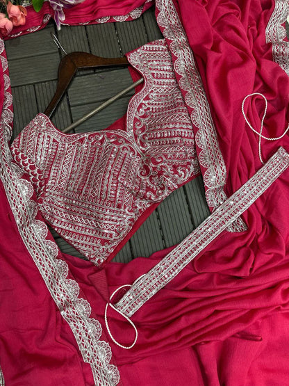 Trending Embroidery cording work ready to wear saree with Embroidery Blouse