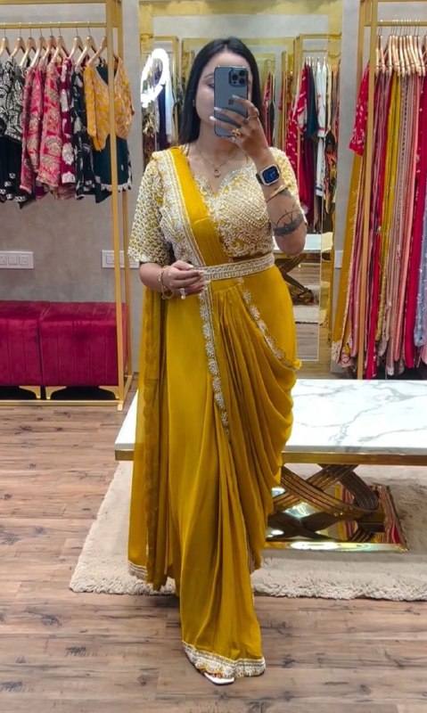 Trending Embroidery cording work ready to wear saree with Embroidery Blouse