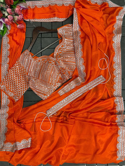 Trending Embroidery cording work ready to wear saree with Embroidery Blouse