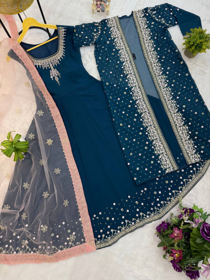 SUPERHIT TRENDING FESTIVE COLLECTION GOWN, KOTI & DUPATTA SET WITH EMBROIDERY WORK & CRYSTAL STONE WORK