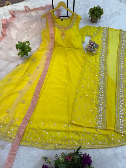 SUPERHIT TRENDING FESTIVE COLLECTION GOWN, KOTI & DUPATTA SET WITH EMBROIDERY WORK & CRYSTAL STONE WORK